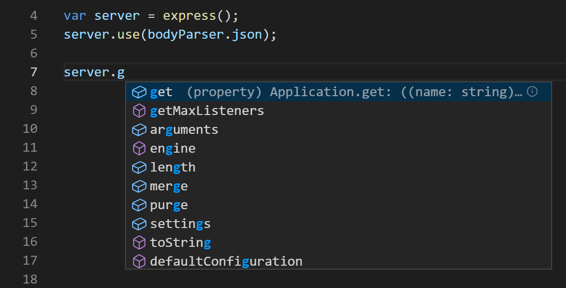 linha de código sendo digitada e o IntelliSense aberto mostrando possíveis conclusões de códigos.