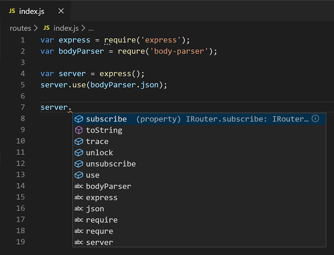 Intellisense mostrando primeiro as opções inferidas e depois os identificadores globais.